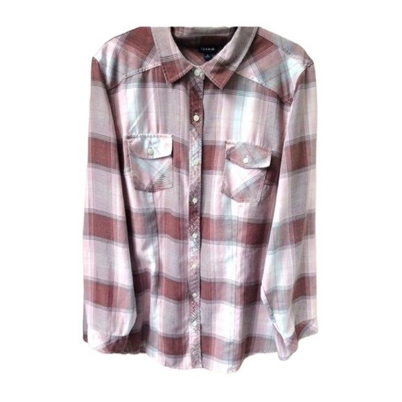 TORRID Plus Size Taylor Rayon Twill Button Down Shirt in Pink Plaid Size 1 - Picture 2 of 7